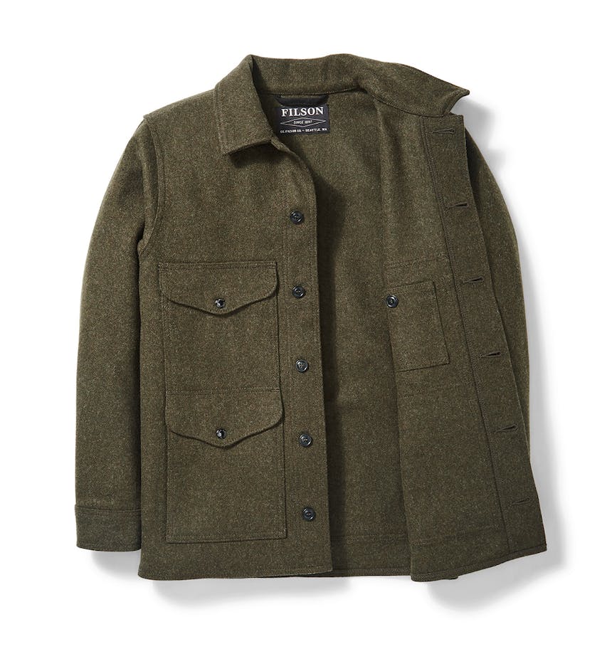 a Filson Mackinaw Wool Cruiser in Forest Green on a white background