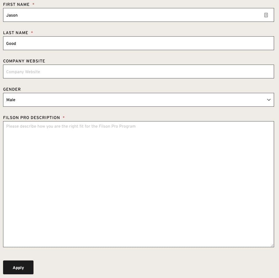 Pro Sales Application Form Screenshot