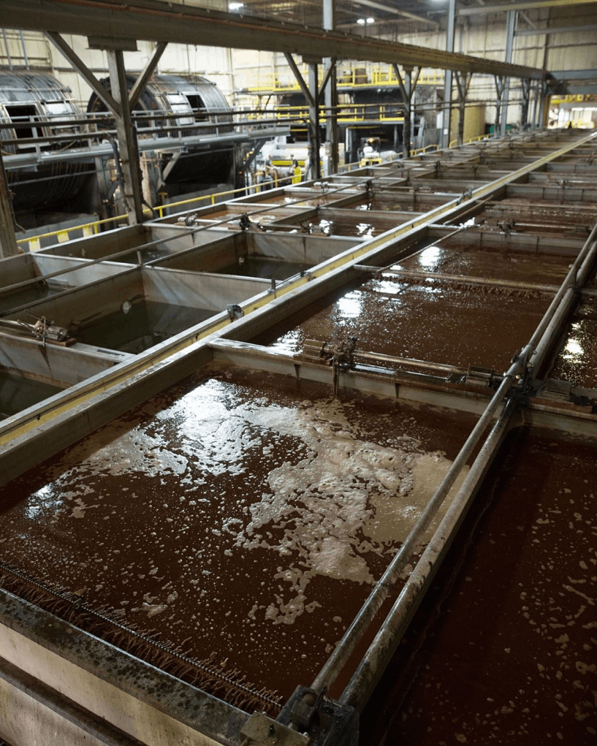 Vats of vegetable tanning solution at the Wickett & Craig factory.