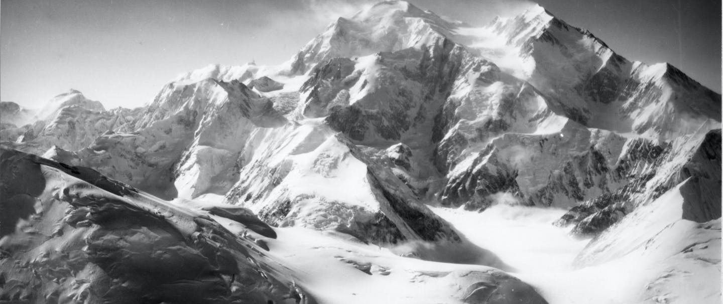 black and white image of denali peak